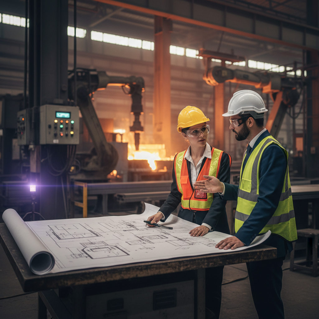 Deux ingénieurs discutant devant un plan technique dans une usine de métallurgie, symbolisant la collaboration et la réussite des projets industriels.