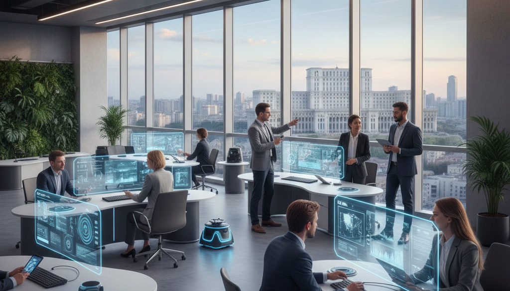 avantages recrutement Roumanie – Des professionnels de la tech collaborant dans un bureau moderne à Bucarest.
