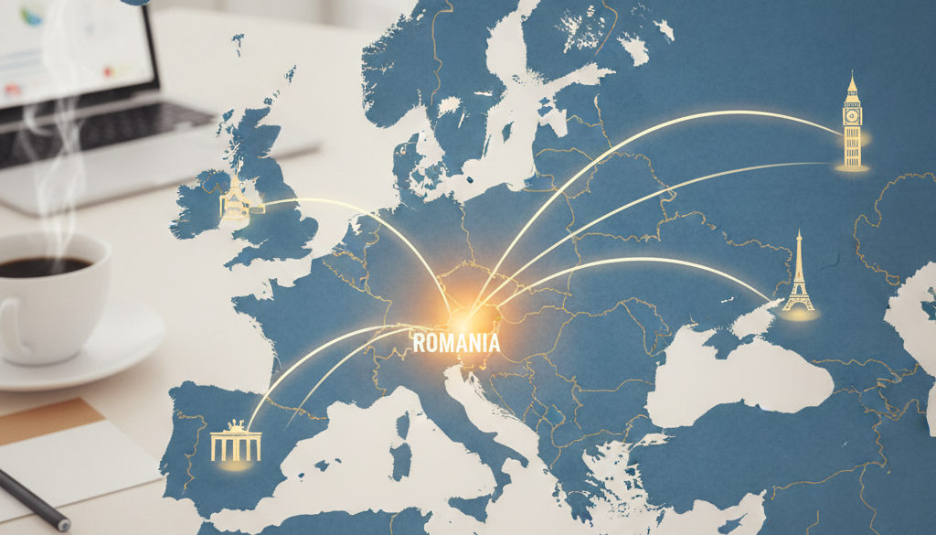 Carte de la proximité géographique de la Roumanie avec les grands centres européens.