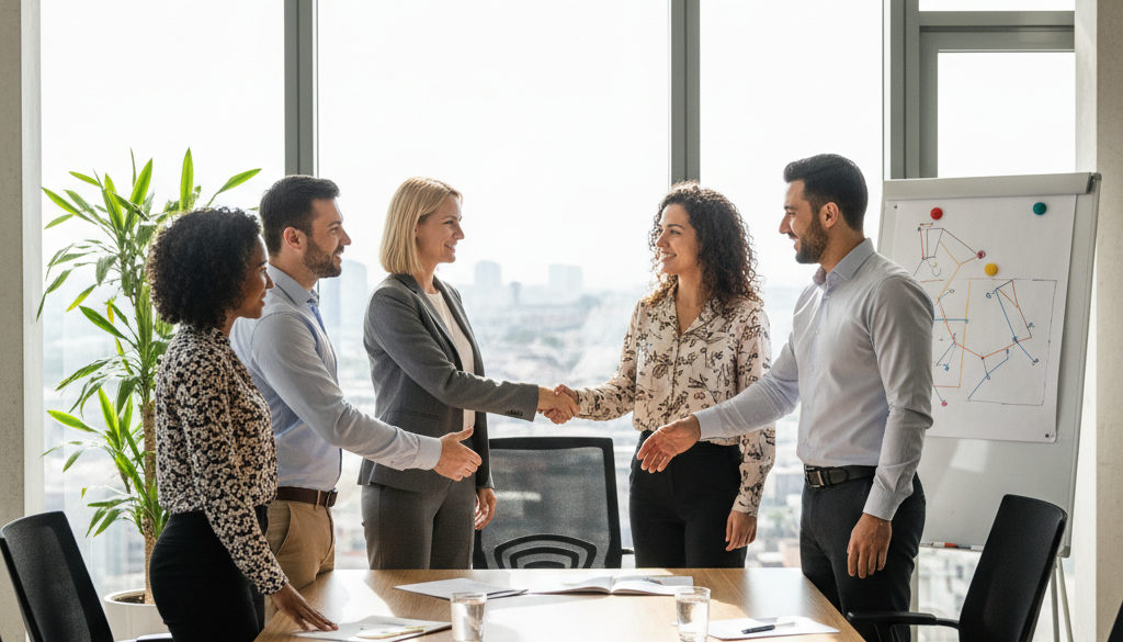 Équipe européenne et roumaine diversifiée se serrant la main dans un bureau lumineux.