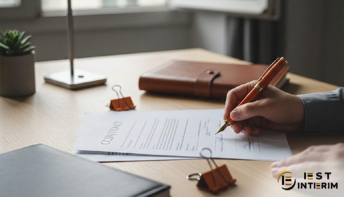 Signature d'un contrat d'intérim, symbolisant sécurité et conformité.
