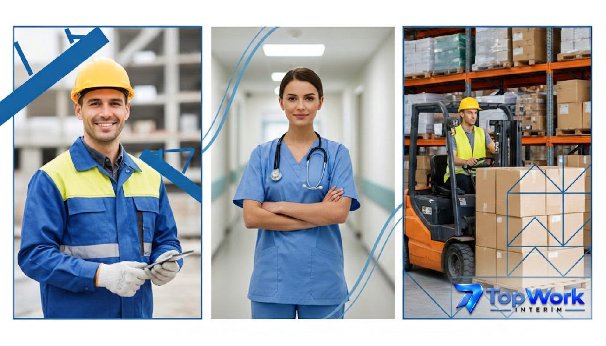 Collage de travailleurs : construction, médical, logistique, polyvalence d'une agence.