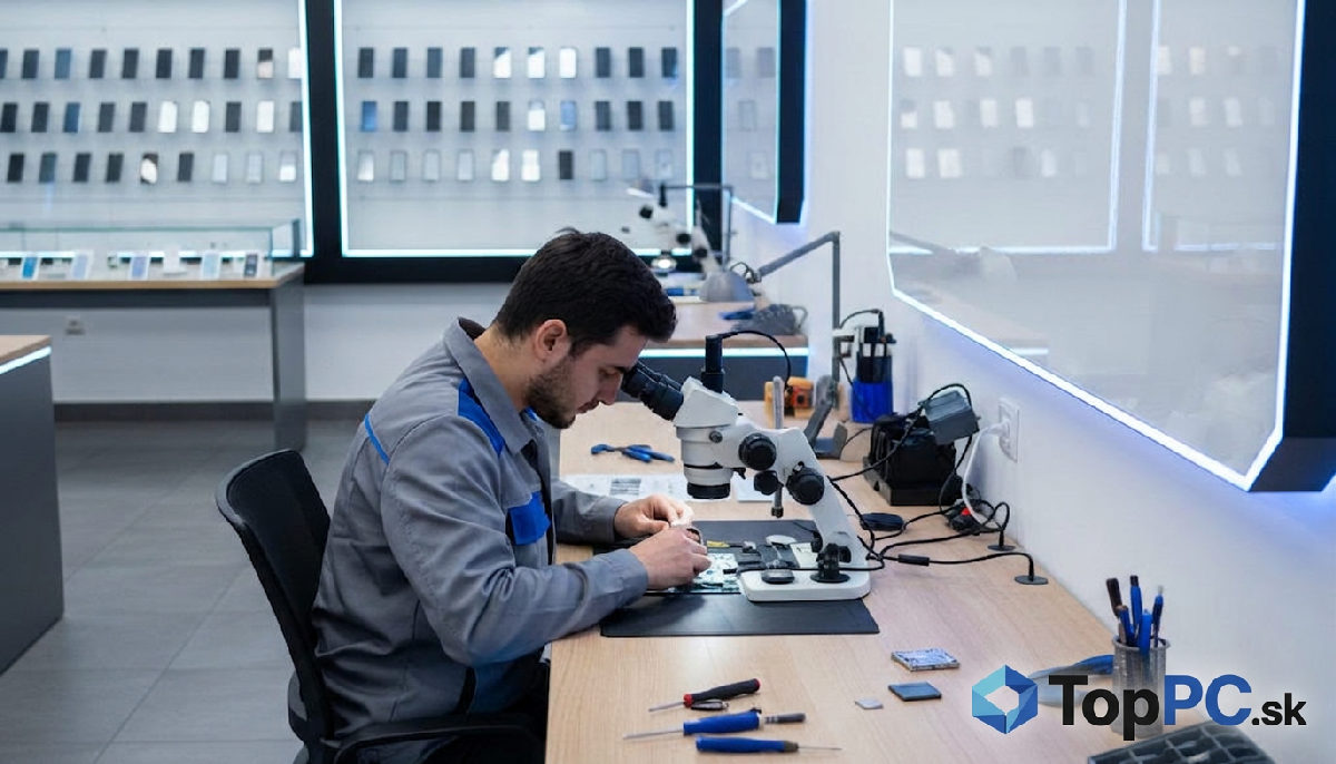 Technik v Košiciach opravuje iPhone v servise TopPC.
