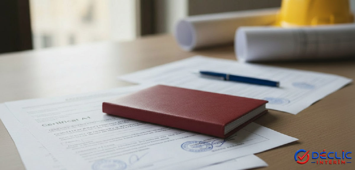 Documents officiels, certificat A1 et contrats de travail pour l'intérim BTP Roumanie.