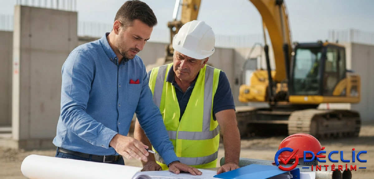Un consultant explique le recrutement à un chef de chantier avec des plans.