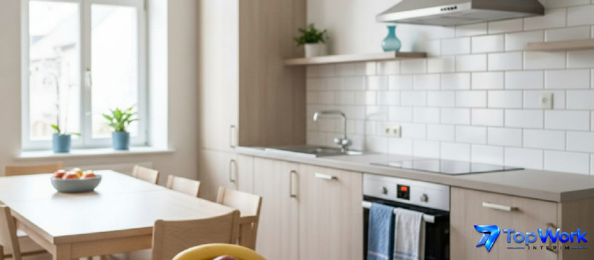 Cuisine commune bien équipée pour les travailleurs détachés.