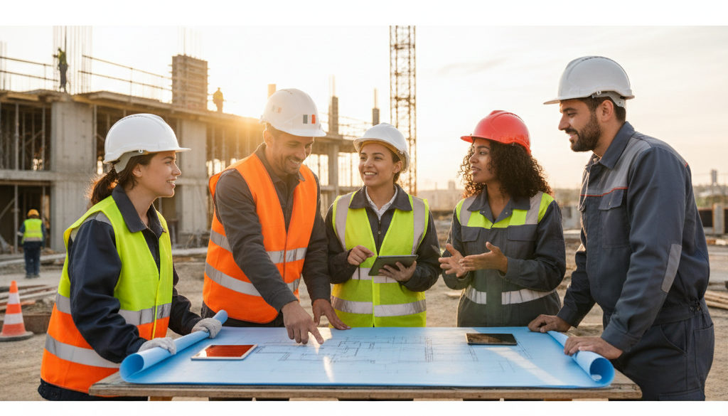 intégration travailleurs roumains détachés – Travailleurs français et roumains collaborant sur un chantier.