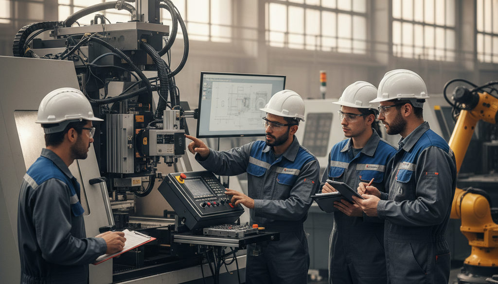 Techniciens roumains et français travaillant ensemble sur une machine.