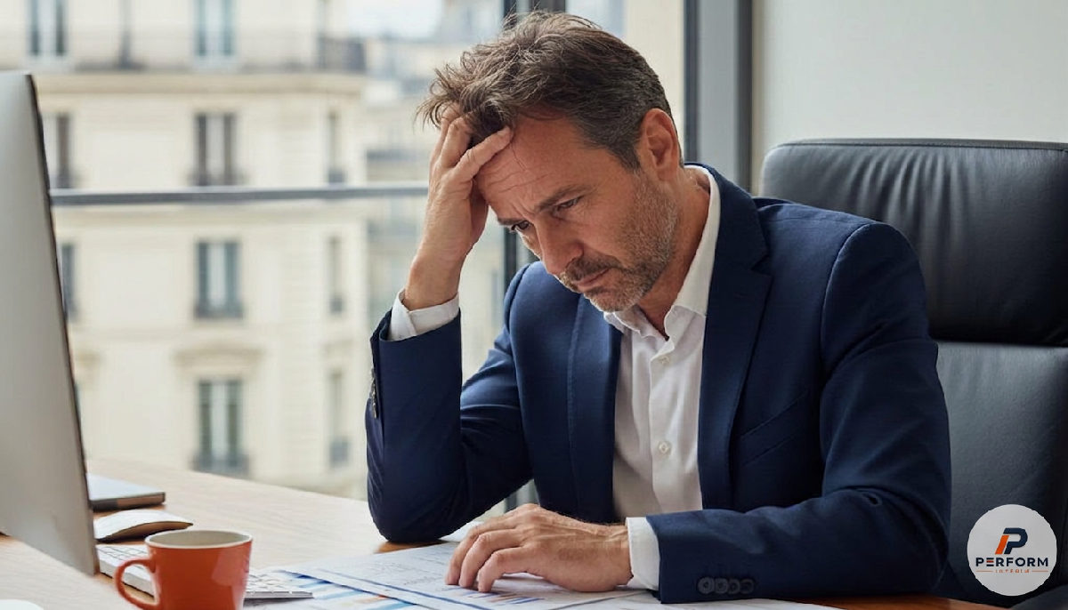 optimisation coûts salaires roumanie France – Un manager stressé en France face à un bureau chargé de feuilles de calcul.