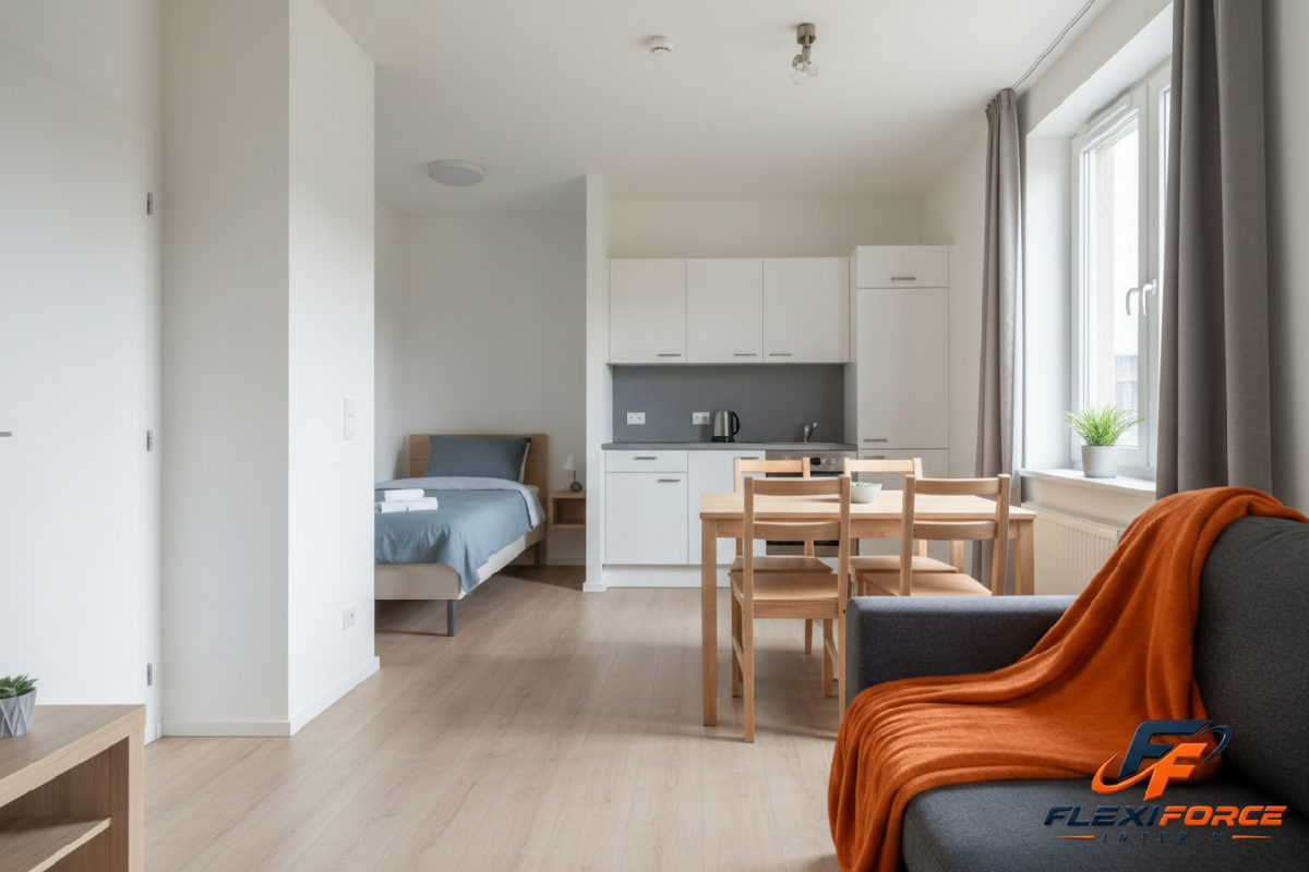 Intérieur d'un appartement moderne et confortable pour travailleurs détachés.