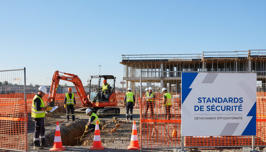 Chantier sécurisé et ouvriers en EPI, illustrant la conformité BTP.