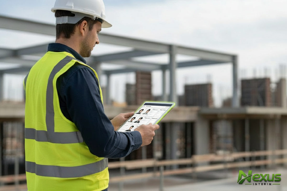 comment accélérer le recrutement en intérim - Gestionnaire de chantier consultant des profils sur tablette.