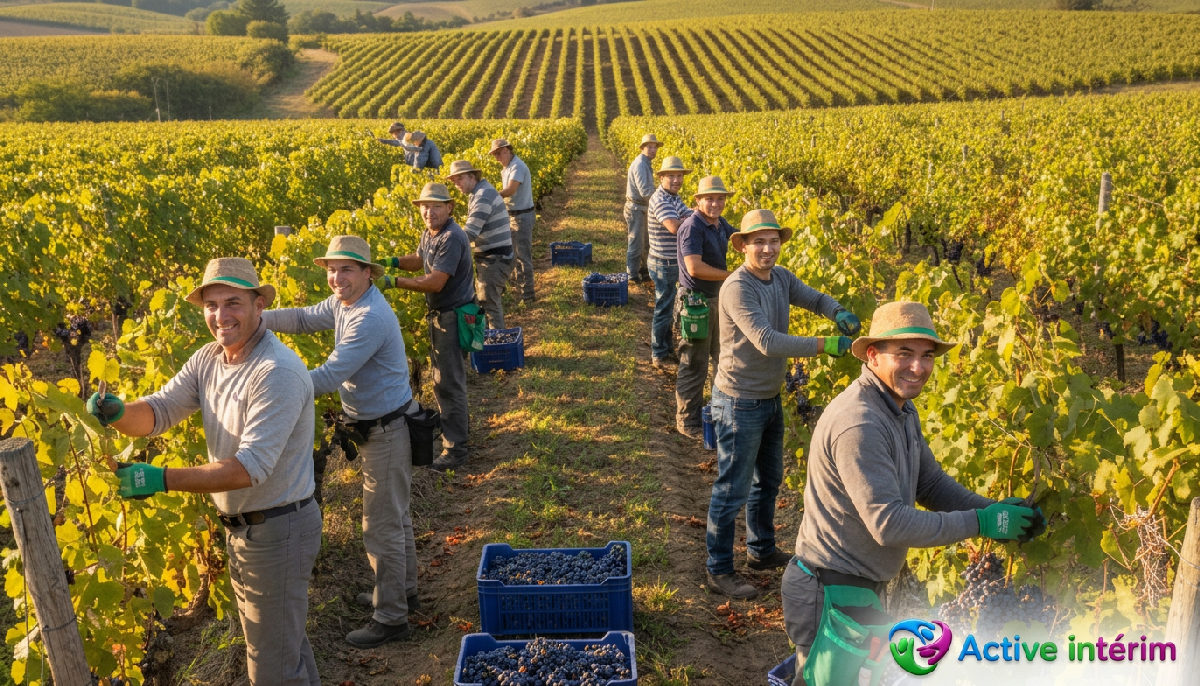 Ouvriers agricoles roumains travaillant dans un vignoble ensoleillé.