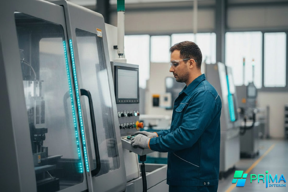 Ouvrier roumain qualifié travaillant sur une machine high-tech.
