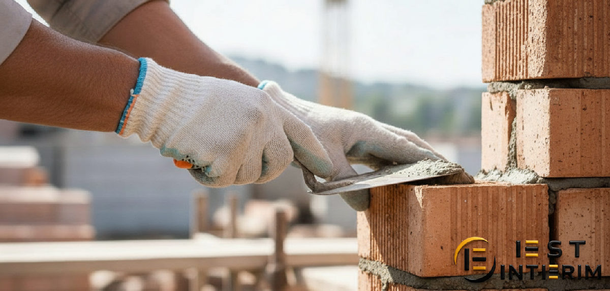 Gros plan sur les mains d'un maçon roumain au travail.