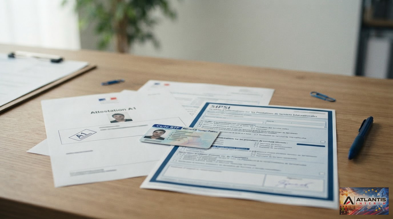 Documents administratifs essentiels pour le recrutement, incluant certificat A1 et carte BTP.