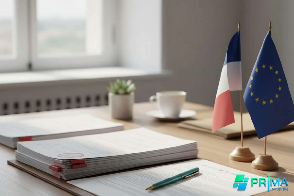 Bureau RH traitant des dossiers de travailleurs détachés, symboles officiels.
