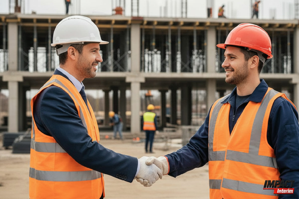Poignée de main entre un chef de chantier et un ouvrier roumain.