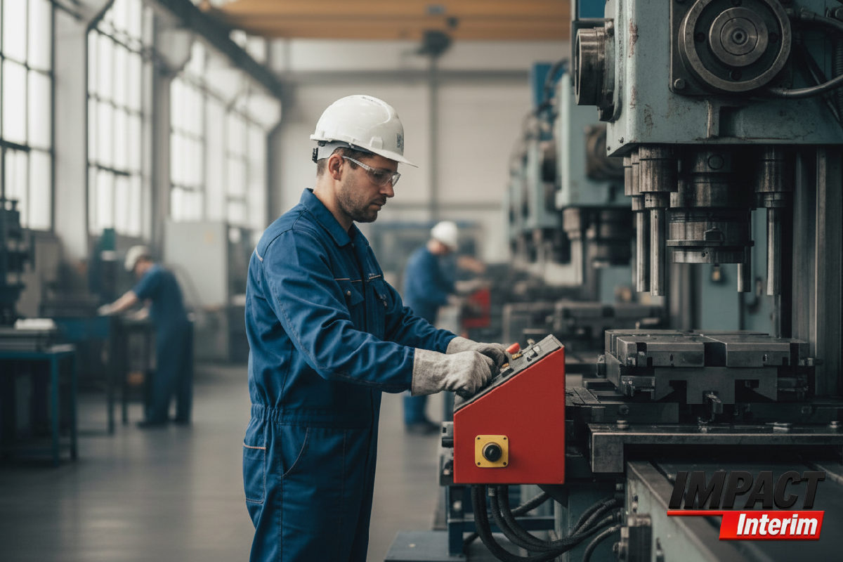 Ouvrier roumain qualifié opérant une machine dans une usine moderne.