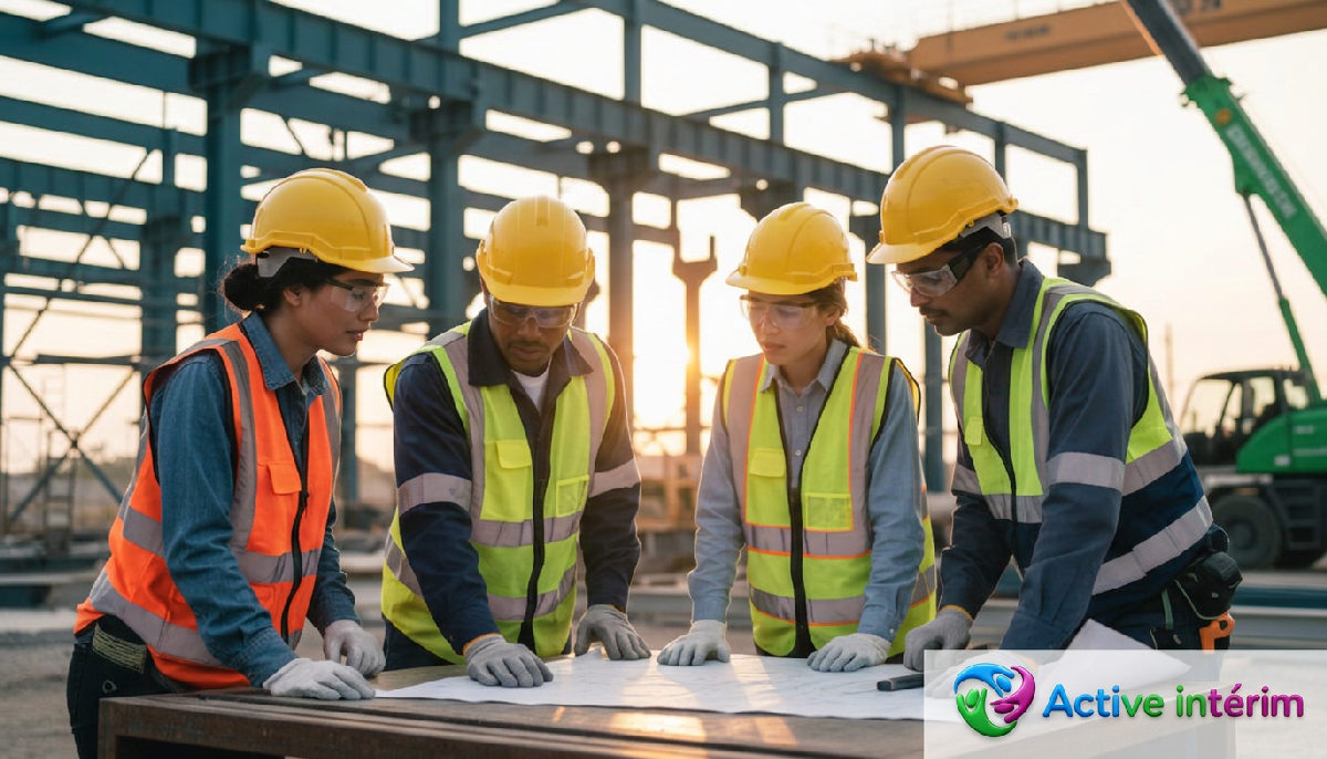Équipe diversifiée en sécurité sur un chantier industriel.