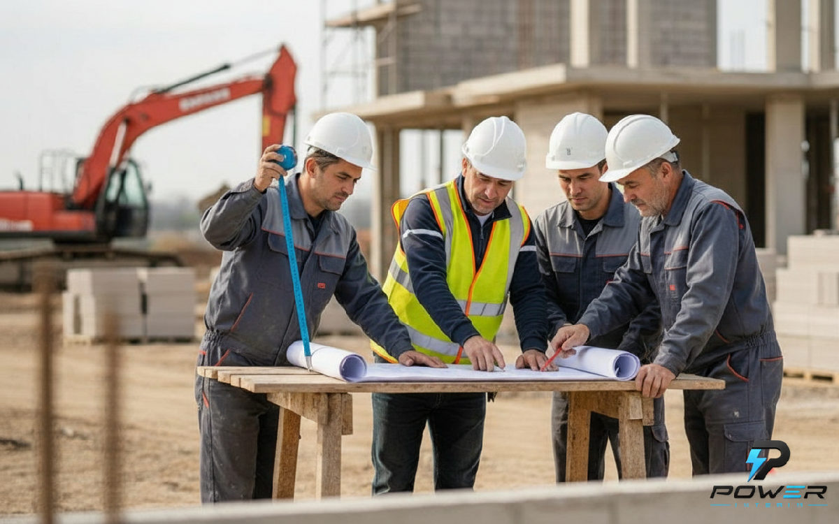 Chef de chantier expliquant les plans à des maçons.