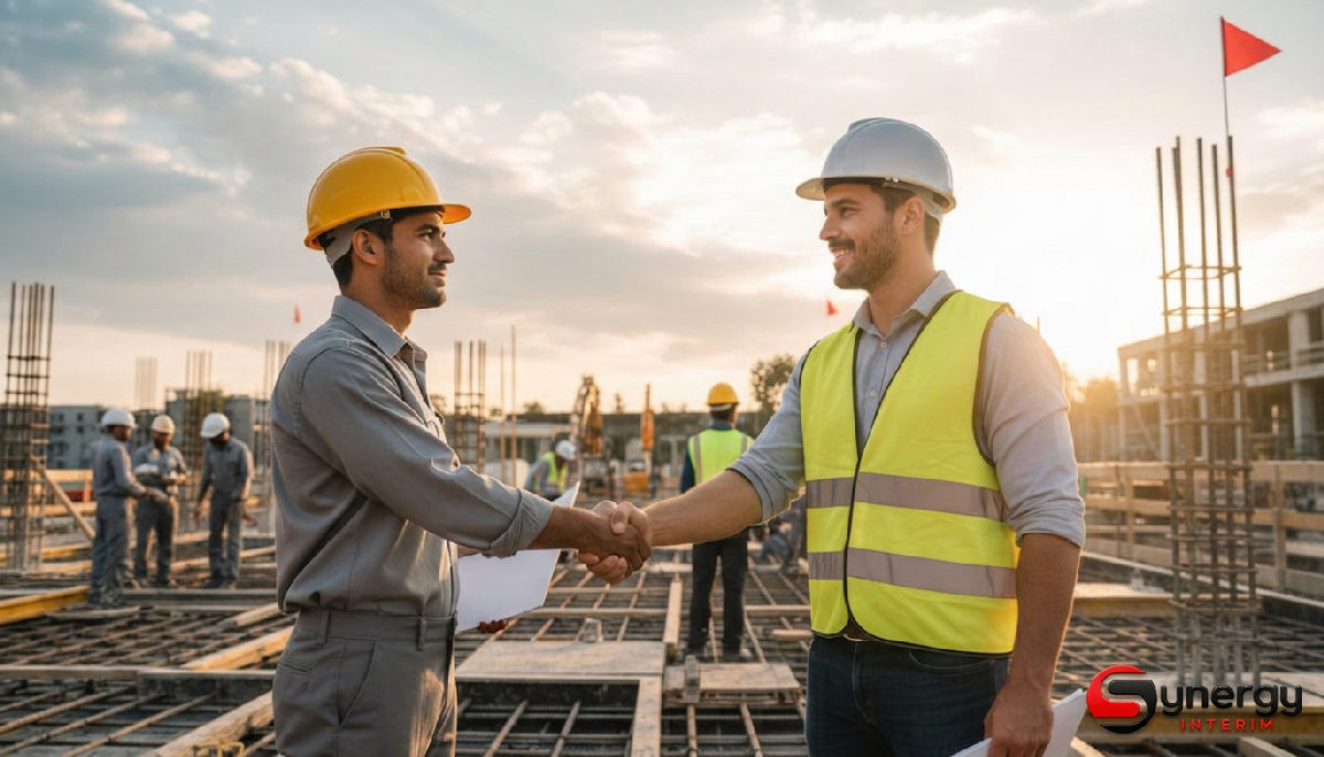 Stabilité d'équipe : Comment l'intérim international réduit le turnover et renforce vos projets 1 Gestionnaire saluant un intérimaire étranger sur un chantier.