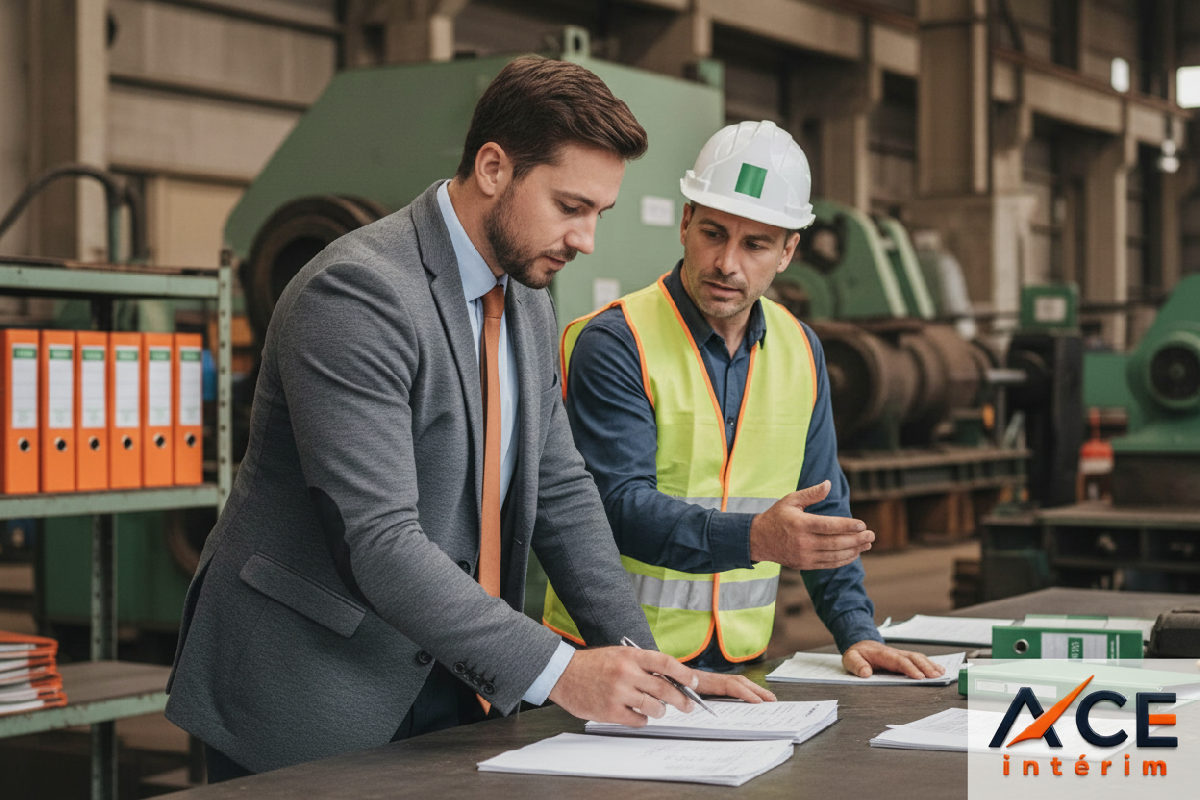 Un inspecteur du travail examine des documents sur un site industriel.