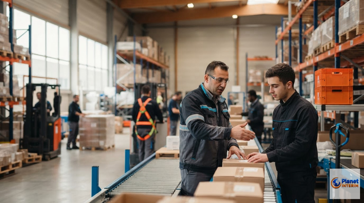 Ouvriers travaillant efficacement sur un site logistique en France.