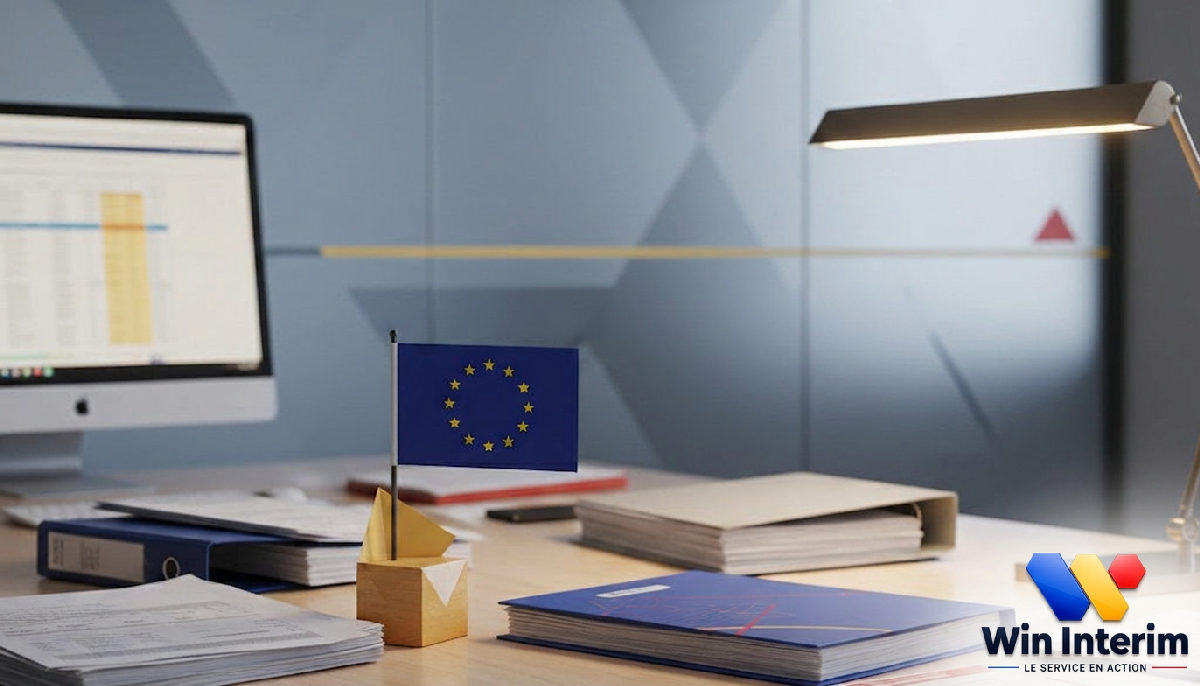 Bureau RH, documents officiels et drapeau européen pour la conformité.