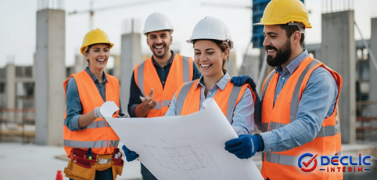 Travailleurs souriants sur un chantier, symbolisant l'équipe et la compétence.