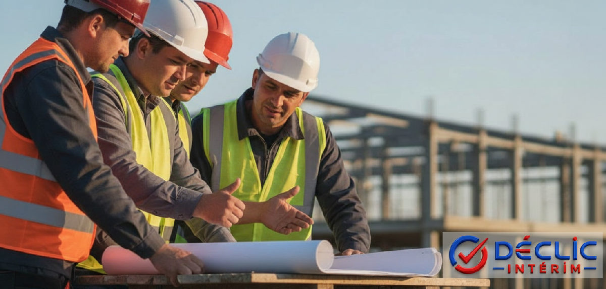Travailleurs roumains discutant autour d'un plan de chantier.