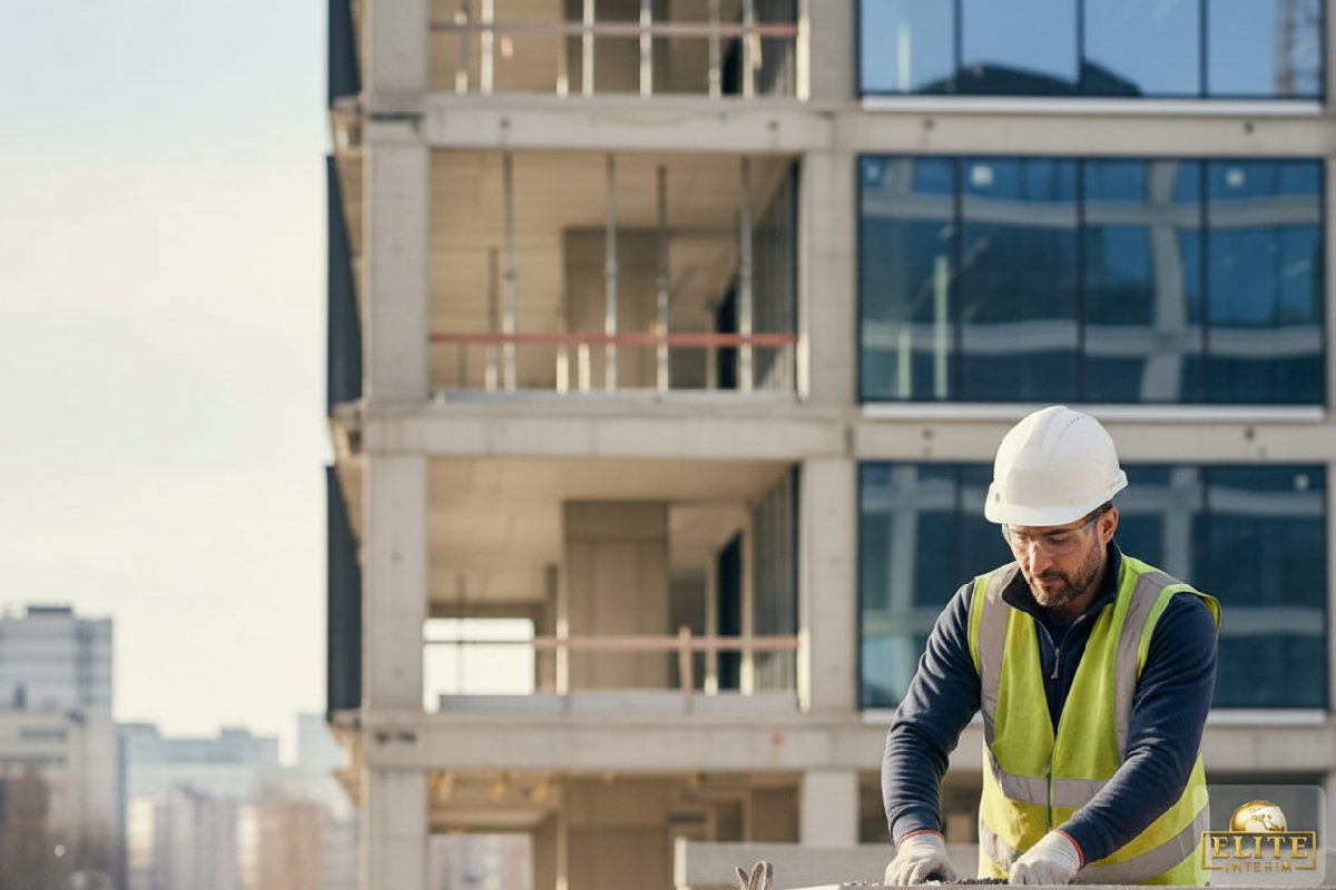 combien coûte un maçon roumain en intérim - Maçon roumain sur un chantier moderne en France.
