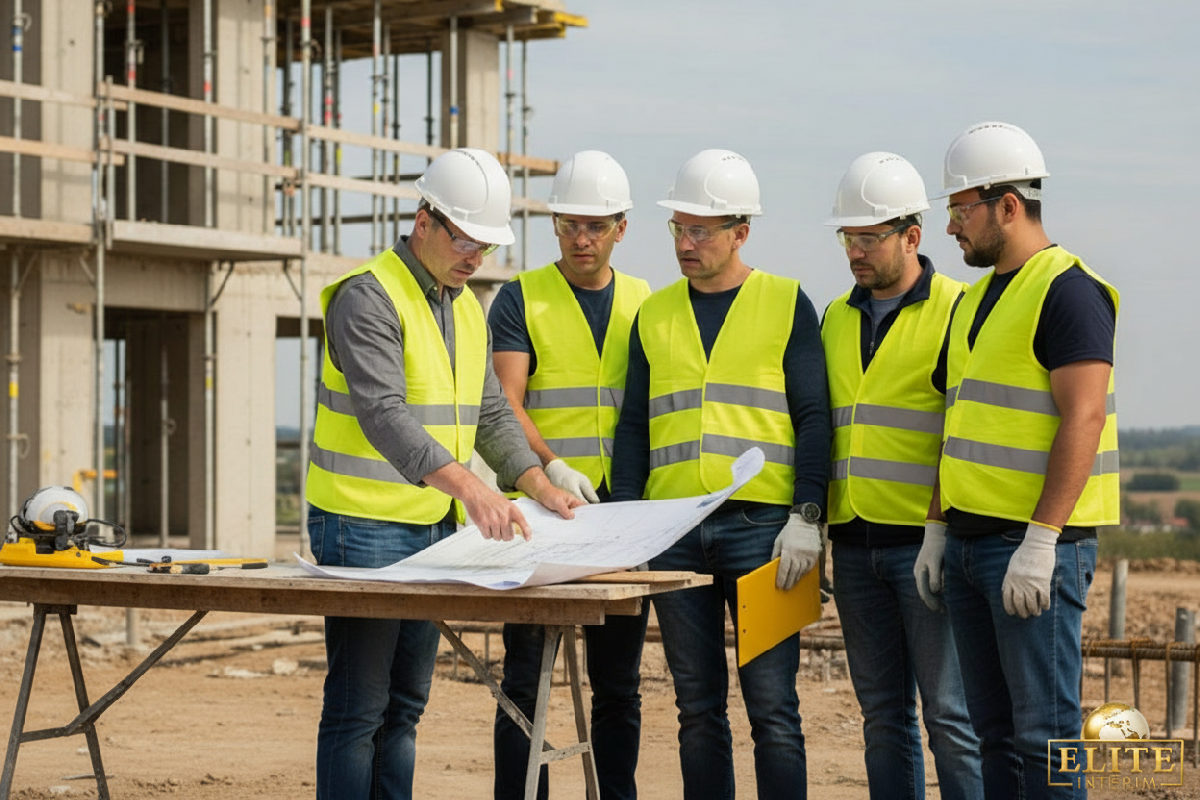 Équipe de maçons en réunion sécurité sur chantier français.