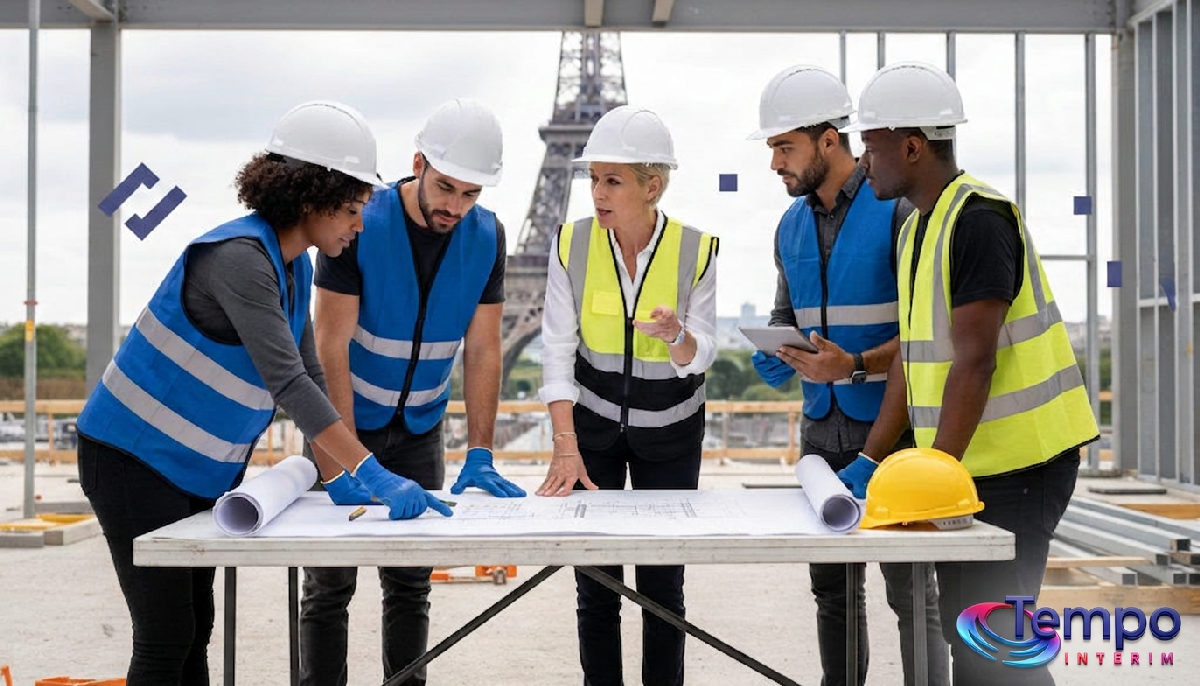 Équipe de construction diversifiée en France discutant des plans.