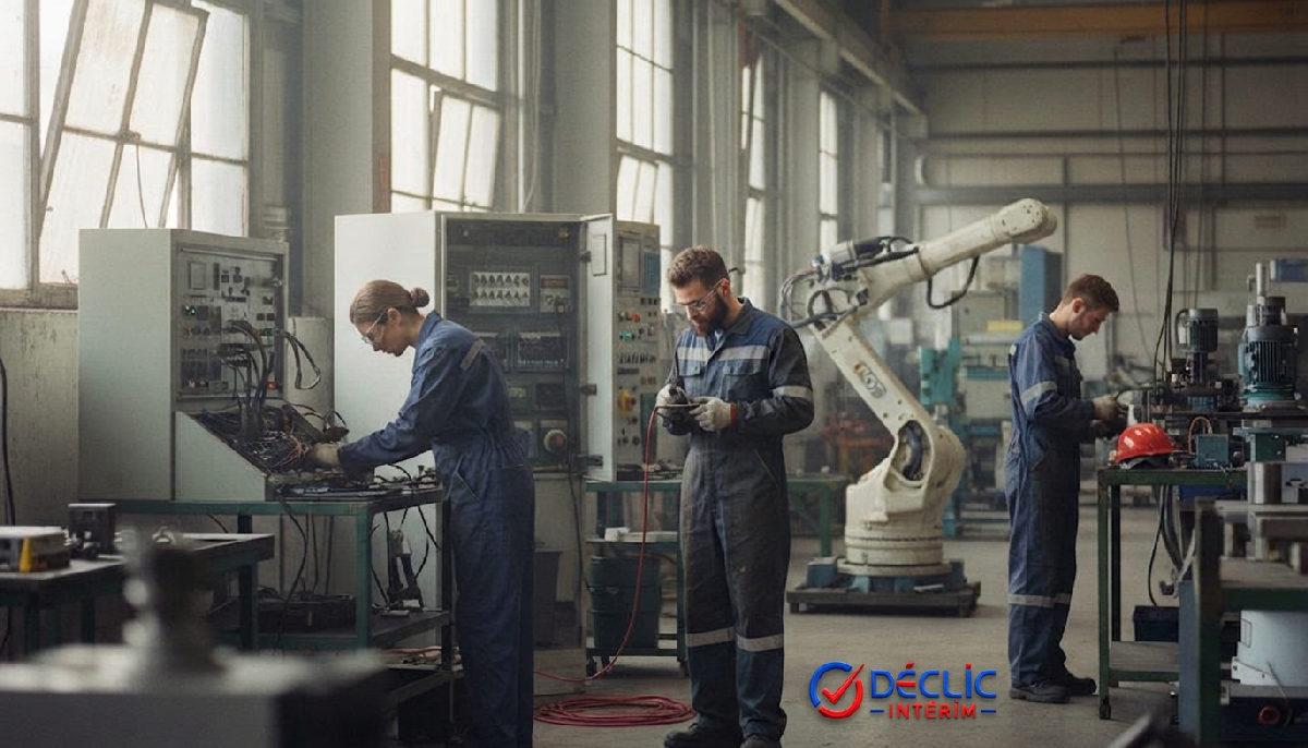 Des ouvriers concentrés exécutent des tâches précises dans une usine industrielle.