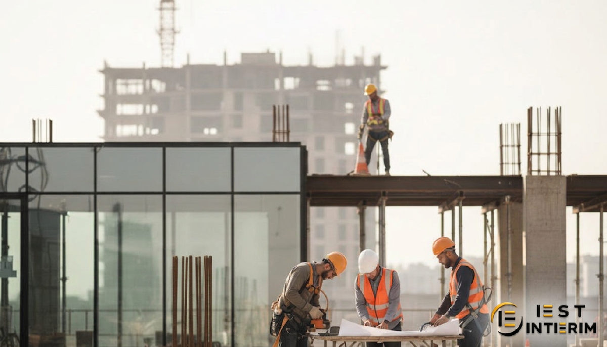 Travailleurs qualifiés sur un chantier moderne, illustration d'une agence d'intérim.