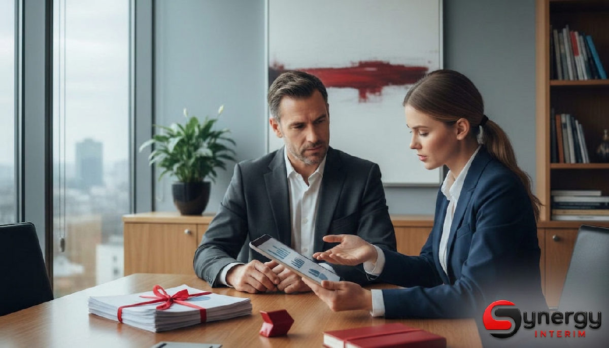 Synergy Intérim : avantages contre pénurie 1 Chef d'entreprise et consultant RH discutent en bureau pour optimiser la stratégie.