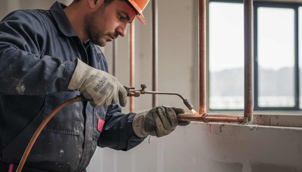 Plombier roumain qualifié travaillant sur un chantier en France.