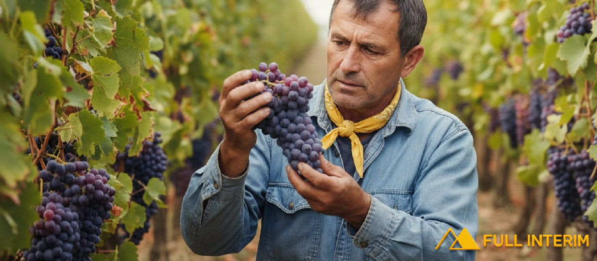 Ouvrier roumain expérimenté examinant une grappe de raisin.