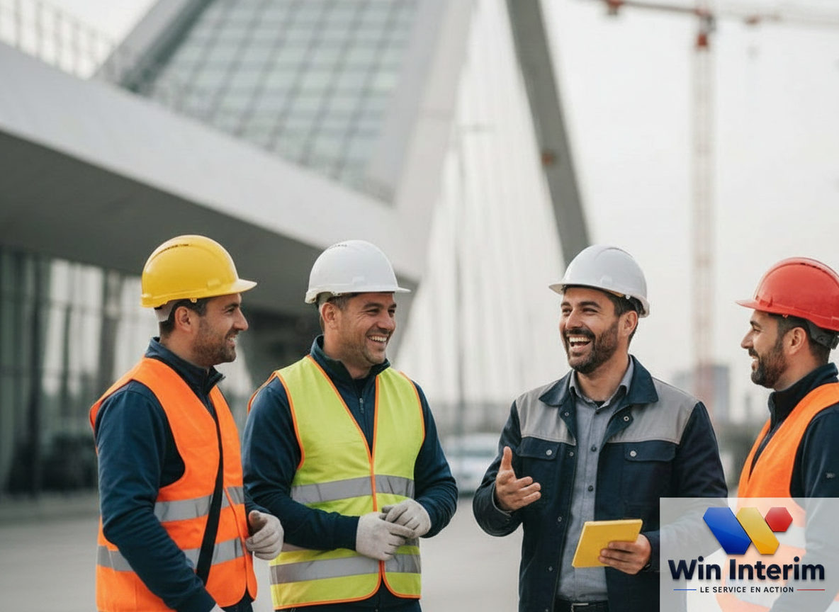 Équipe internationale souriante devant une infrastructure moderne.