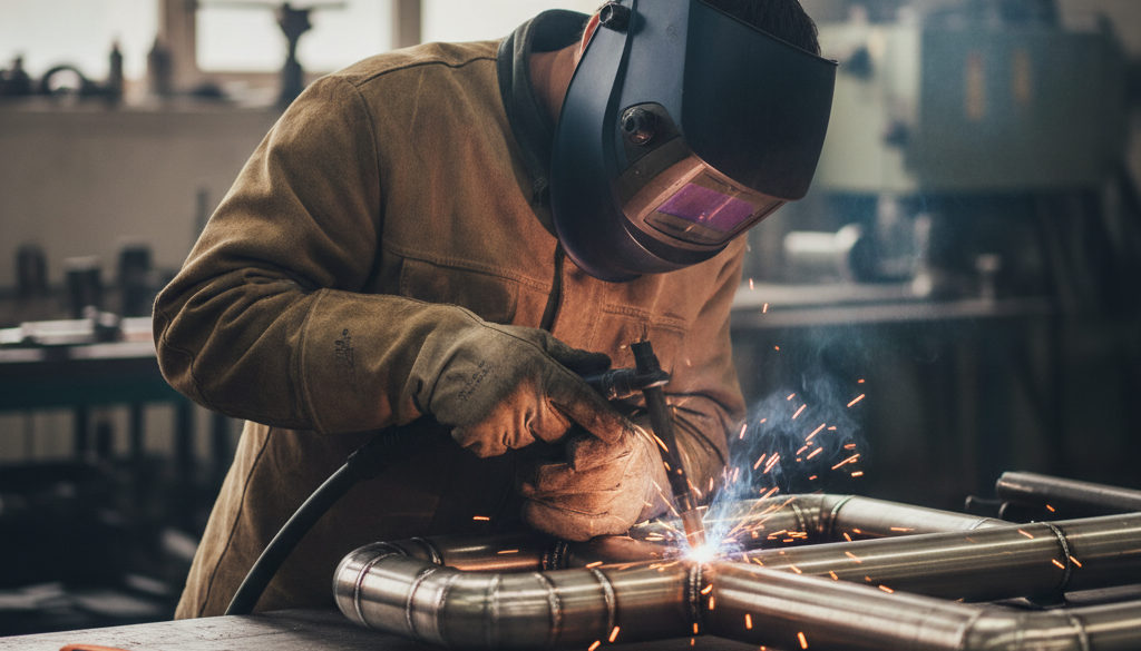 Soudeur qualifié travaillant sur tuyauterie en acier.