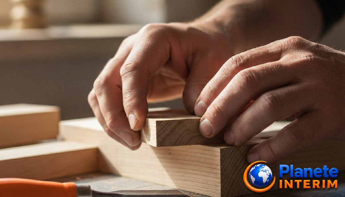 Main d'un charpentier ajustant une pièce de bois avec précision.