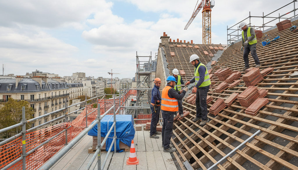 Équipe mixte collaborant sur la toiture d'un chantier de rénovation urbaine.