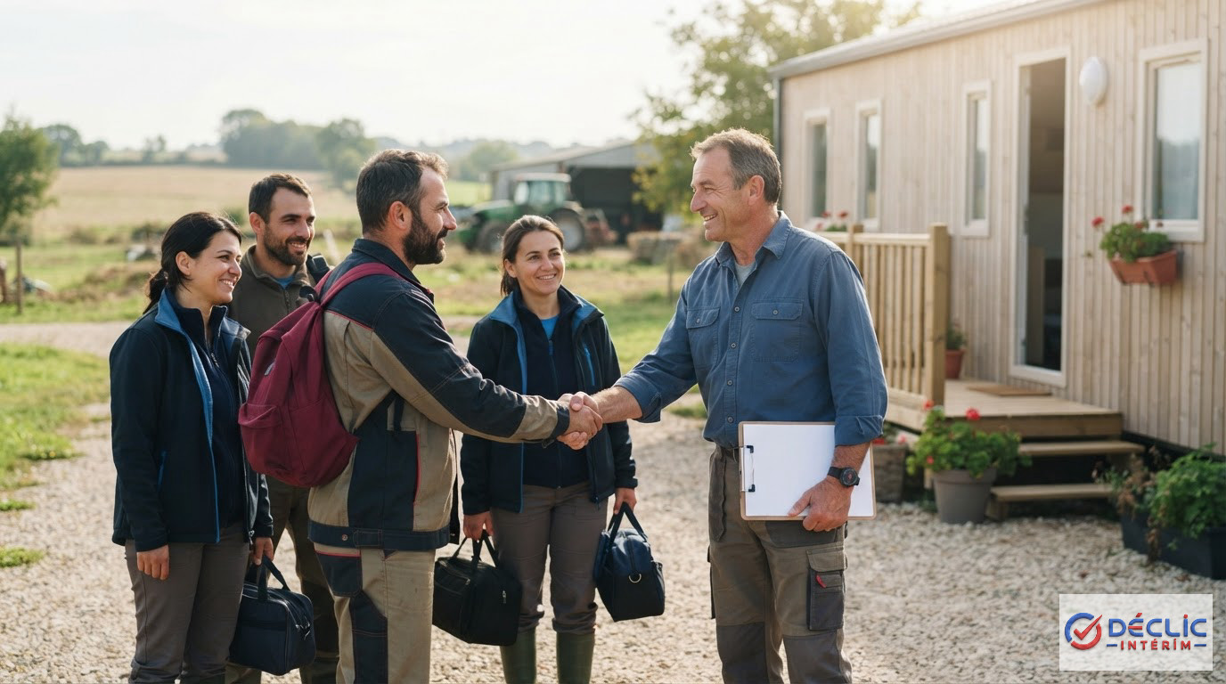 Agriculteur accueillant une équipe de travailleurs roumains devant leur logement.