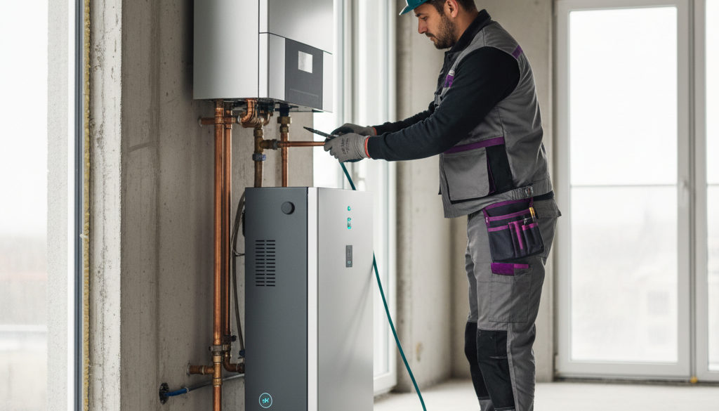 plombiers chauffagistes roumains BTP - Plombier roumain travaillant sur une installation de chauffage moderne.