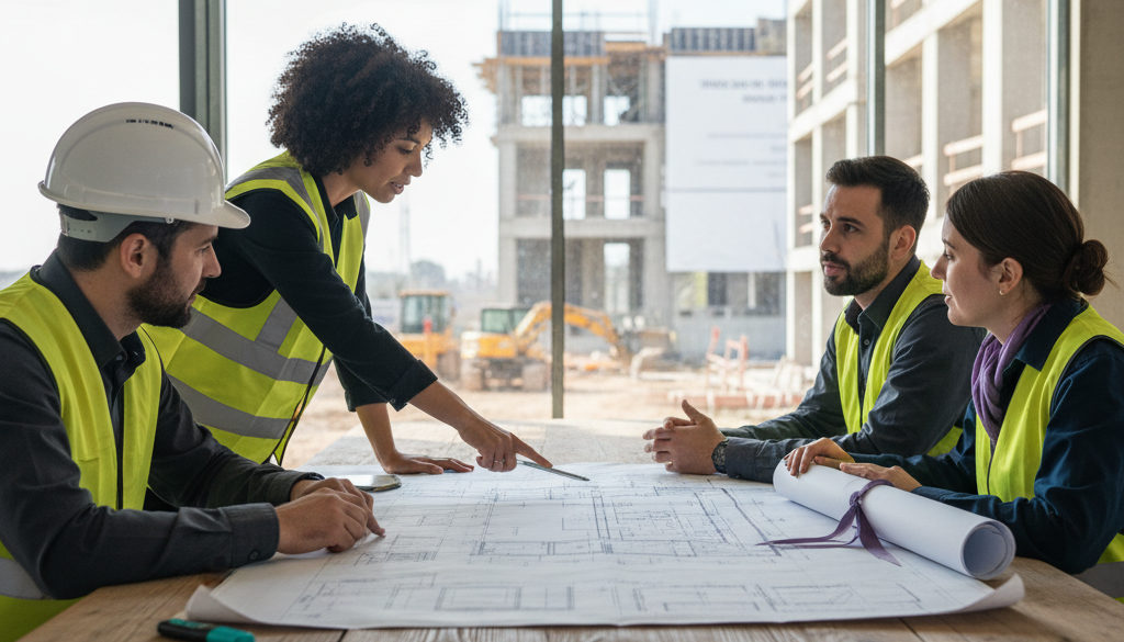 Équipe franco-roumaine collaborant autour de plans techniques sur un chantier.