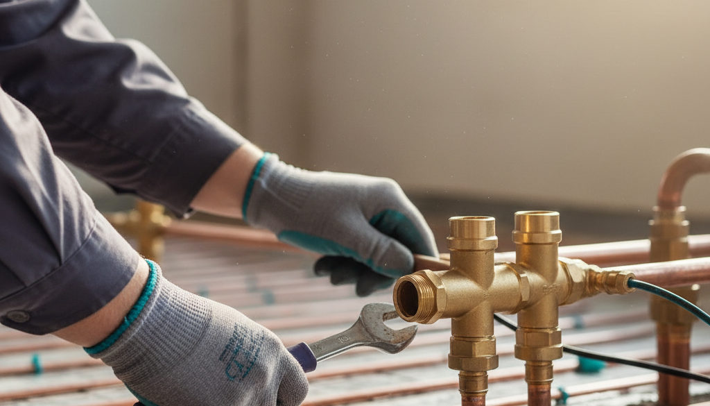 Mains expertes d'un chauffagiste roumain installant un système de chauffage au sol.