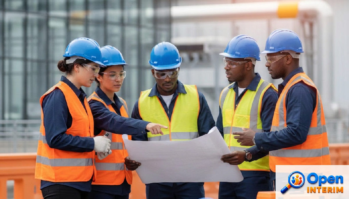 renforcer équipes fête nationale recrutement international France - Équipe multiculturelle en discussion sur un site industriel français.