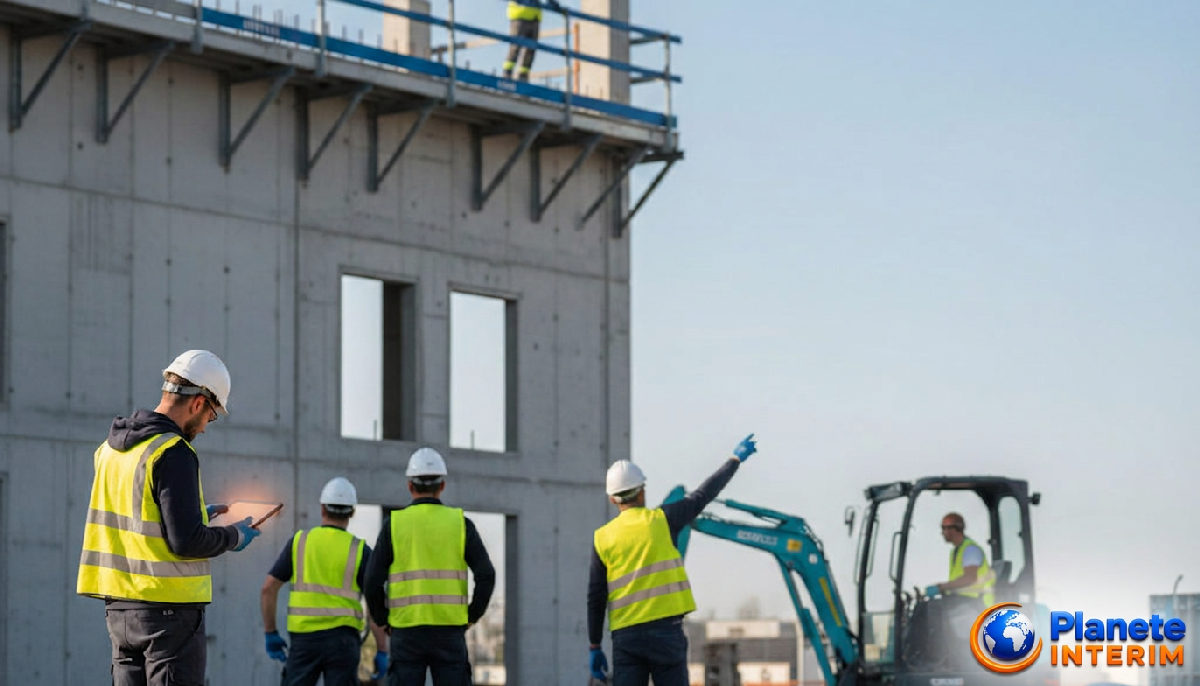 interim france - Chantier de construction en France avec des ouvriers spécialisés.