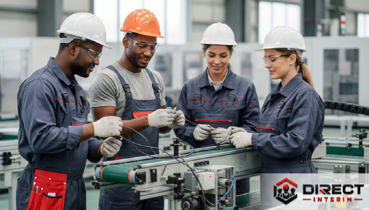 Équipe mixte travaillant en harmonie sur une ligne de production moderne.